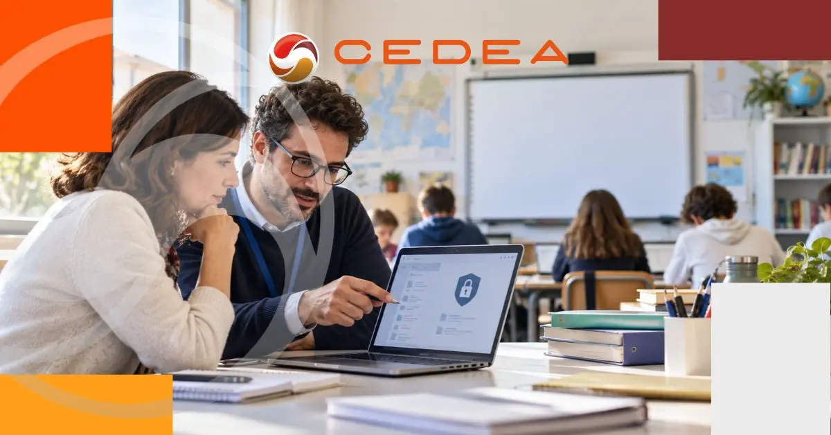 Docenti in aula verificano la protezione dei dati personali degli alunni attraverso una piattaforma digitale, con studenti sullo sfondo